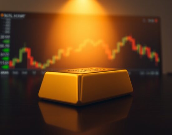 Gold bar on a wooden surface with a financial chart in the blurred background, representing gold price consolidation.