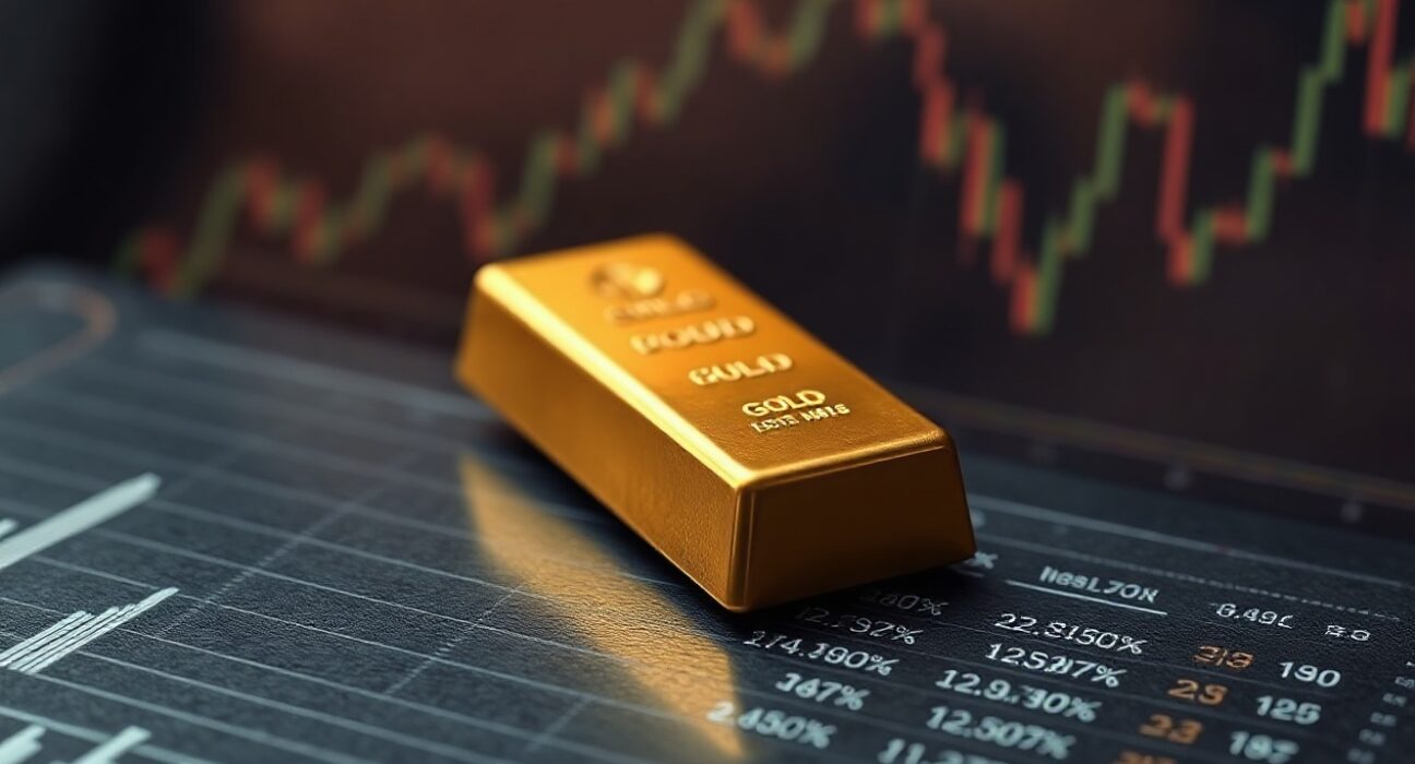 Gold bullion bar on dark surface with subtle financial chart background in trading environment