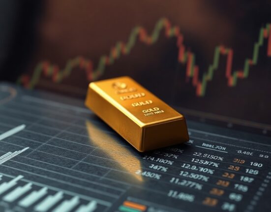 Gold bullion bar on dark surface with subtle financial chart background in trading environment