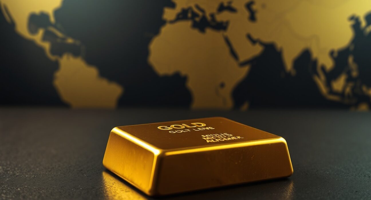 Gold bullion bar on dark surface with blurred world map background representing geopolitical uncertainty
