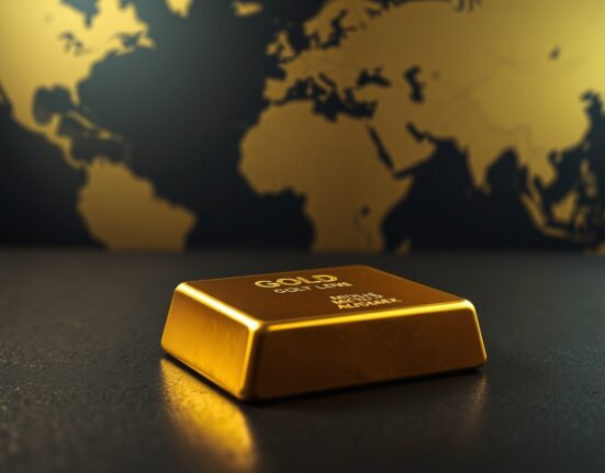 Gold bullion bar on dark surface with blurred world map background representing geopolitical uncertainty