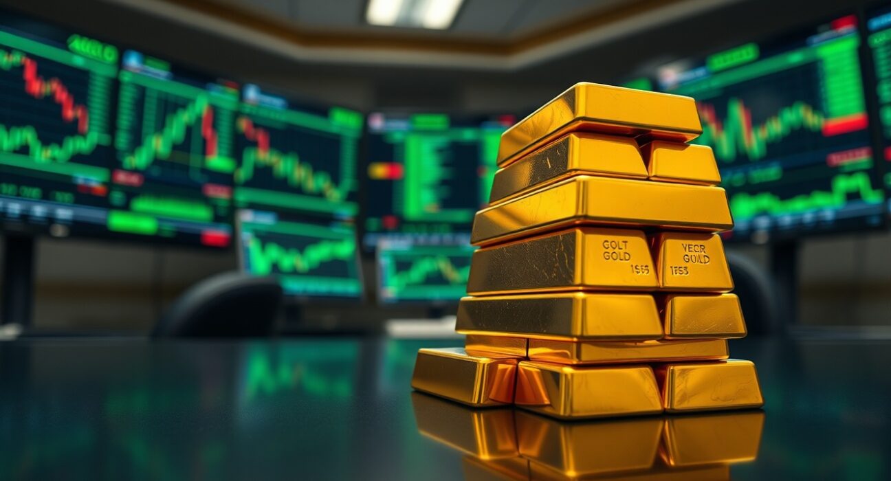 Stacked gold bullion bars on a reflective surface with blurred financial monitors in the background.