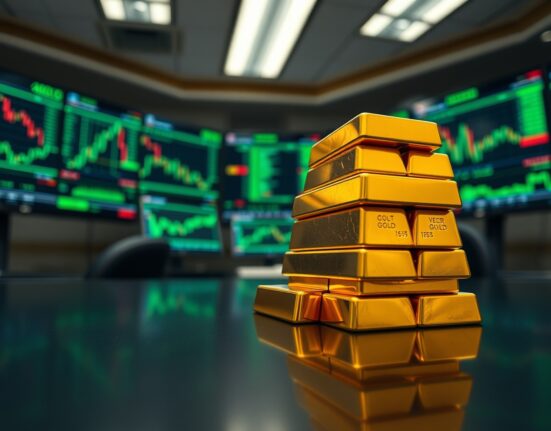 Stacked gold bullion bars on a reflective surface with blurred financial monitors in the background.