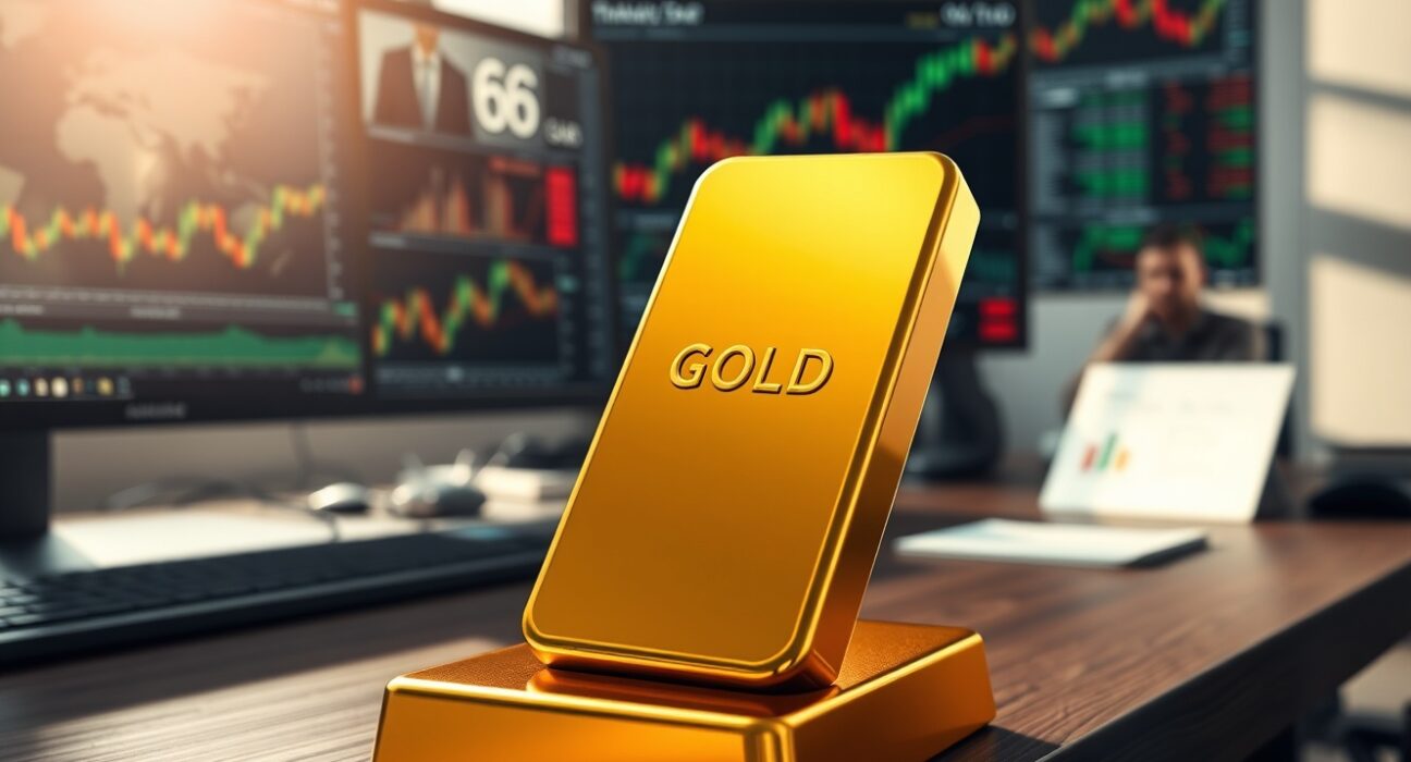 Gold market analysis showing bullion bar with financial data screens depicting geopolitical impacts on commodity flows