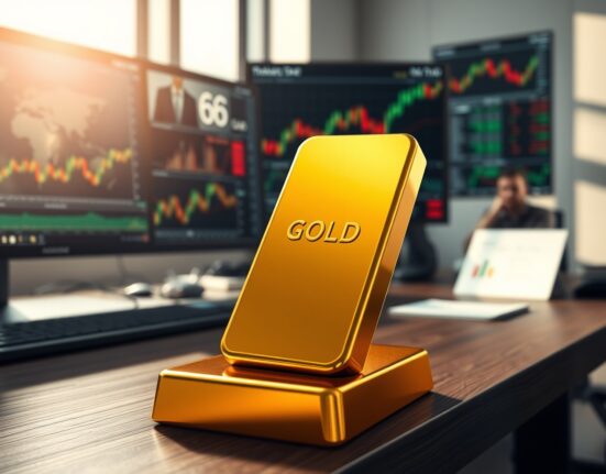 Gold market analysis showing bullion bar with financial data screens depicting geopolitical impacts on commodity flows