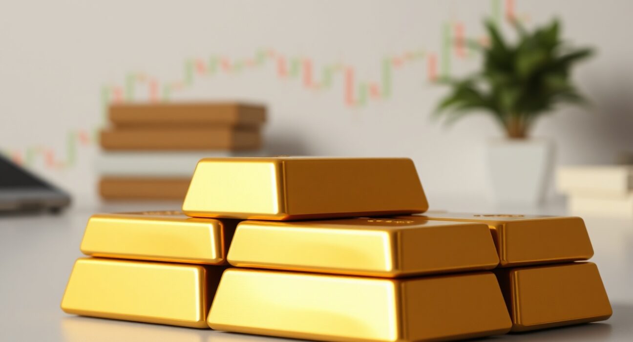 Gold bullion bars with a financial chart in the background