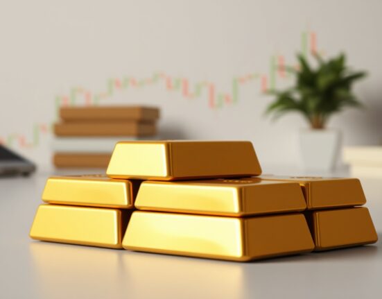 Gold bullion bars with a financial chart in the background