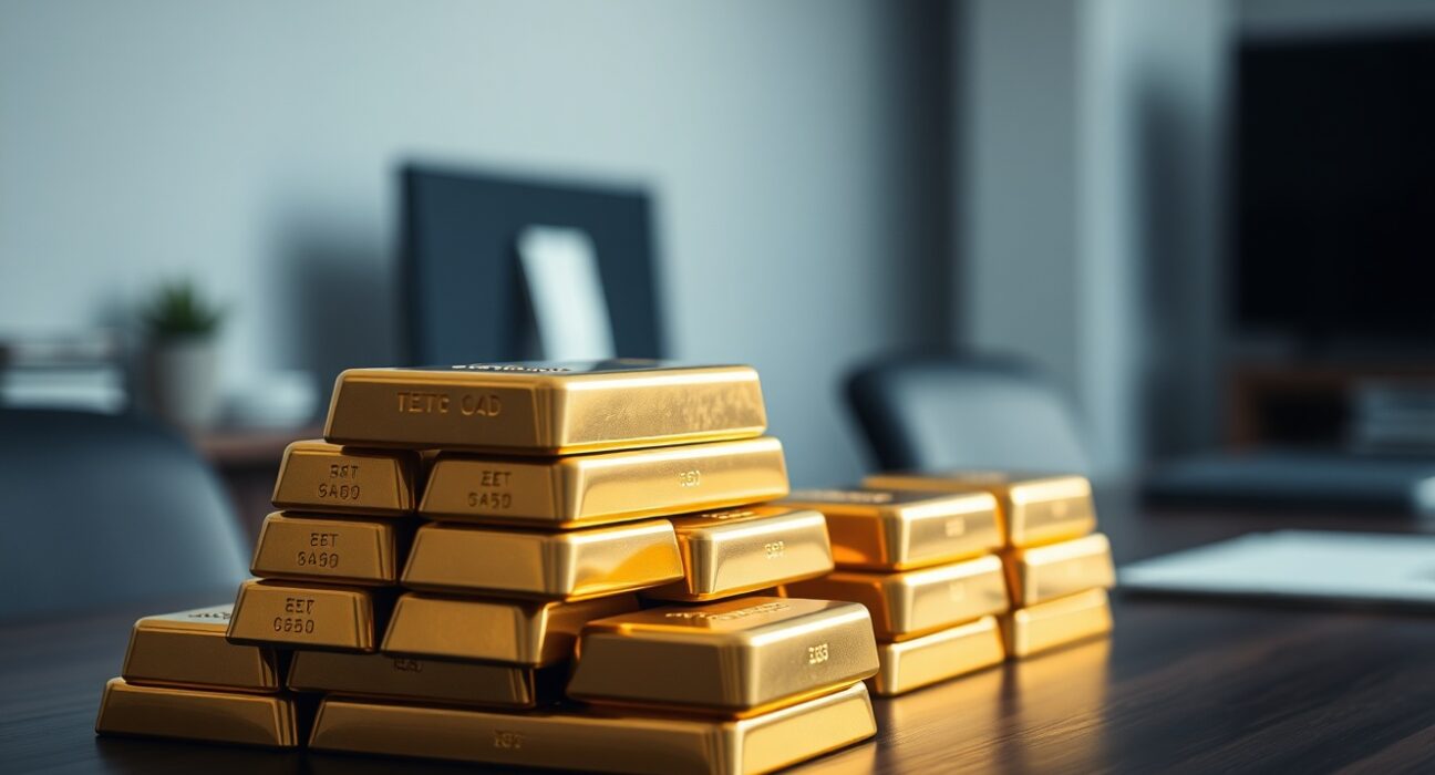 Stack of gold bars in a financial setting with soft lighting