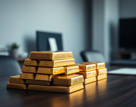 Stack of gold bars in a financial setting with soft lighting
