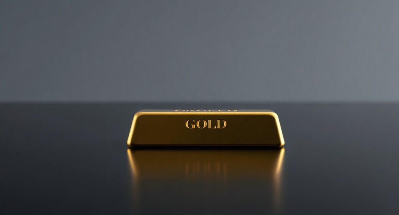 Gold bar on dark reflective surface representing precious metals market analysis and forecast revision.