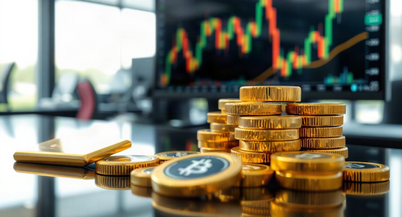 Gold bars and coins on a reflective surface with a financial chart in the background, representing the recent price decline.