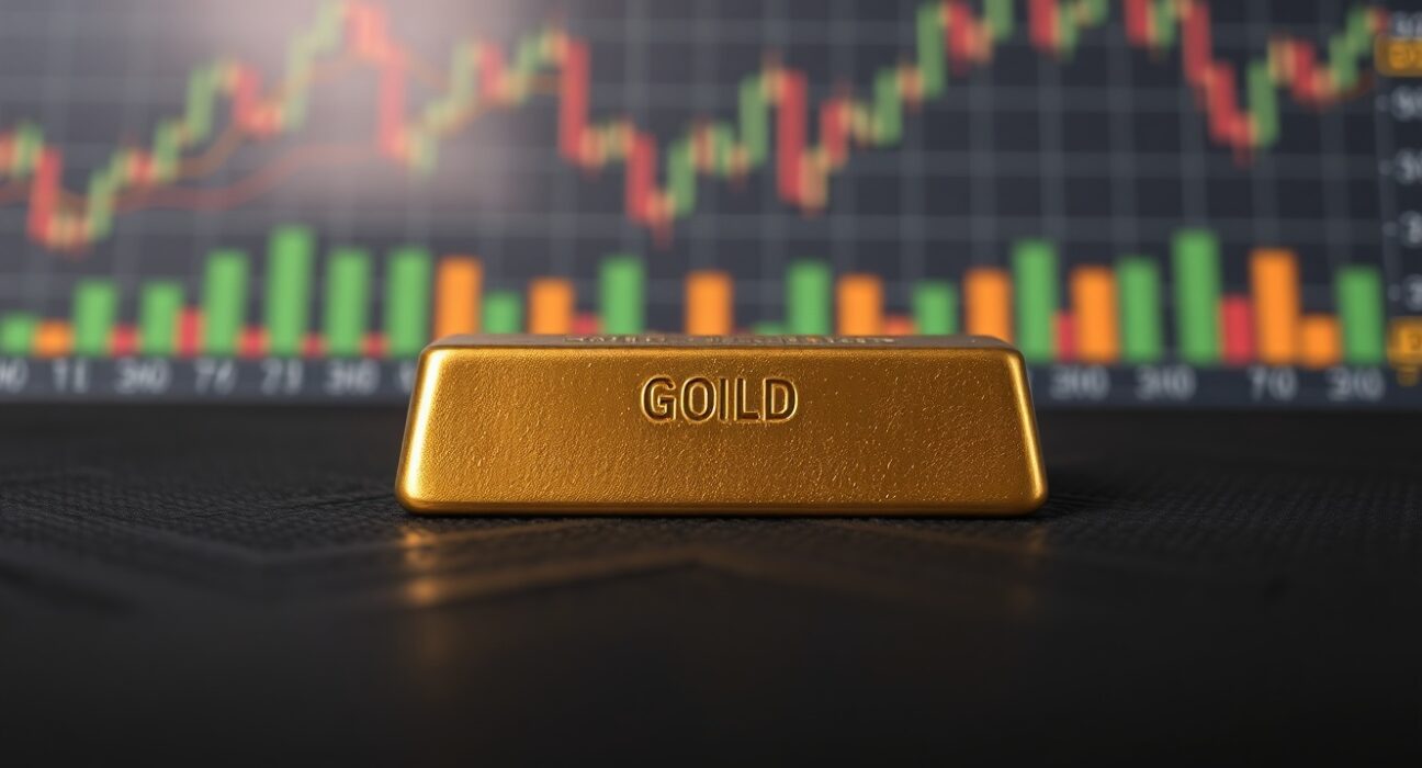 Close-up of a gold bar on a dark surface with subtle financial chart background, representing gold price recovery.