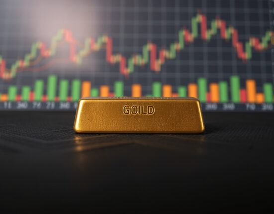 Close-up of a gold bar on a dark surface with subtle financial chart background, representing gold price recovery.