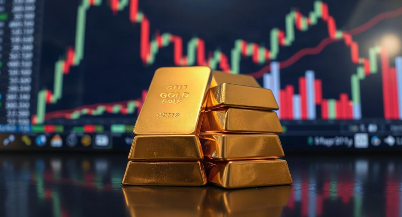 Gold bullion bars on a dark surface with a financial chart in the background