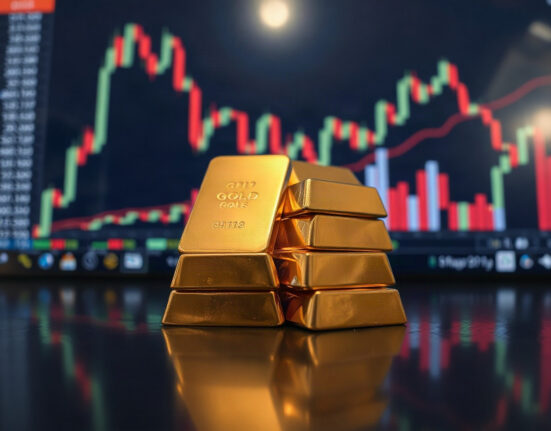 Gold bullion bars on a dark surface with a financial chart in the background
