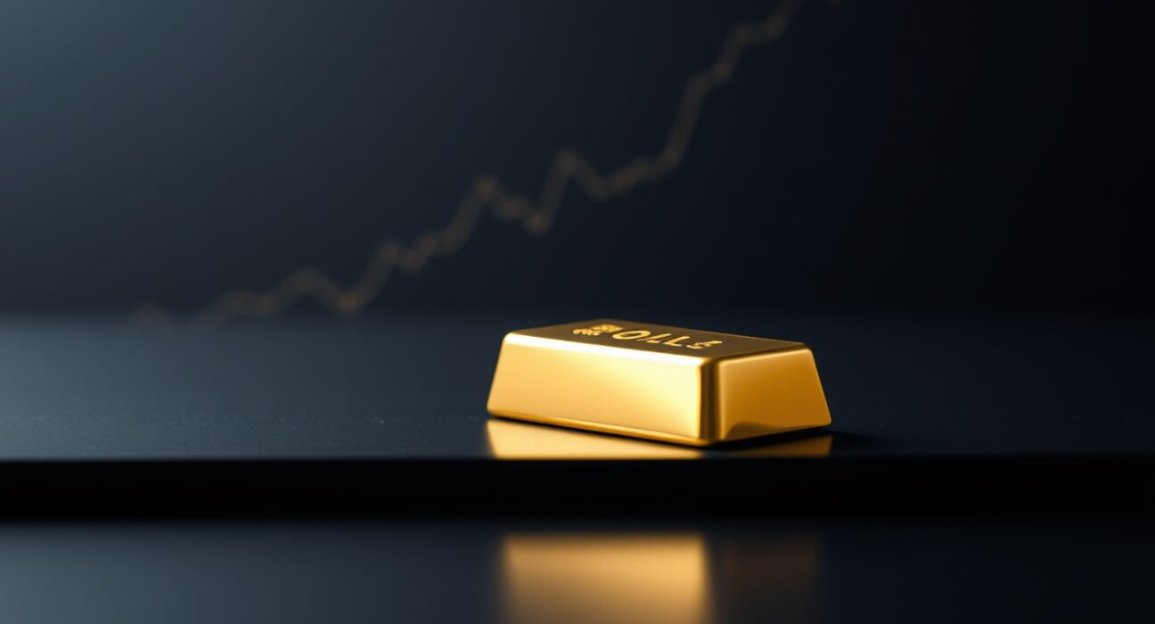 Gold bar on reflective surface with descending chart representing falling oil prices in the background.