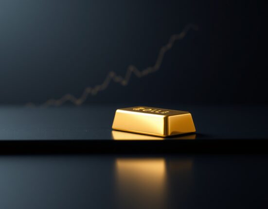 Gold bar on reflective surface with descending chart representing falling oil prices in the background.