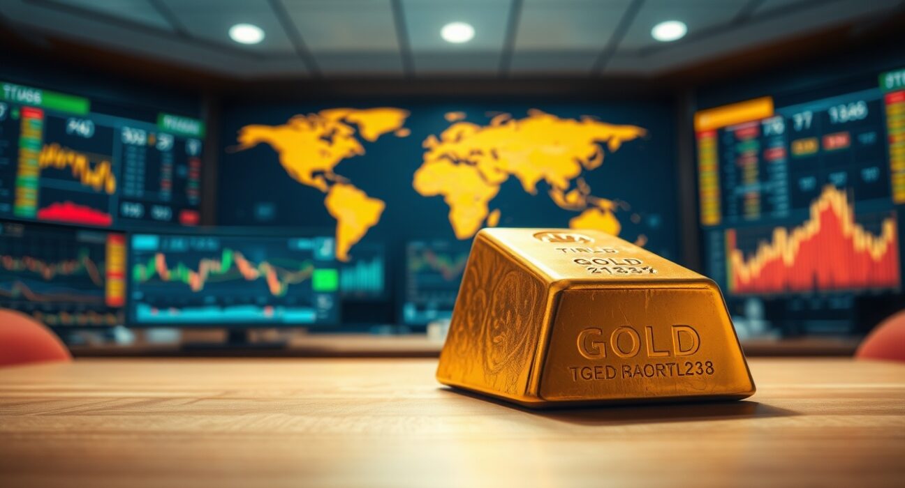 Gold gains as US Dollar eases on Iran headlines, showing a gold bar in a trading room with financial charts.