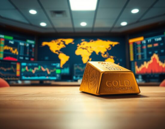 Gold gains as US Dollar eases on Iran headlines, showing a gold bar in a trading room with financial charts.