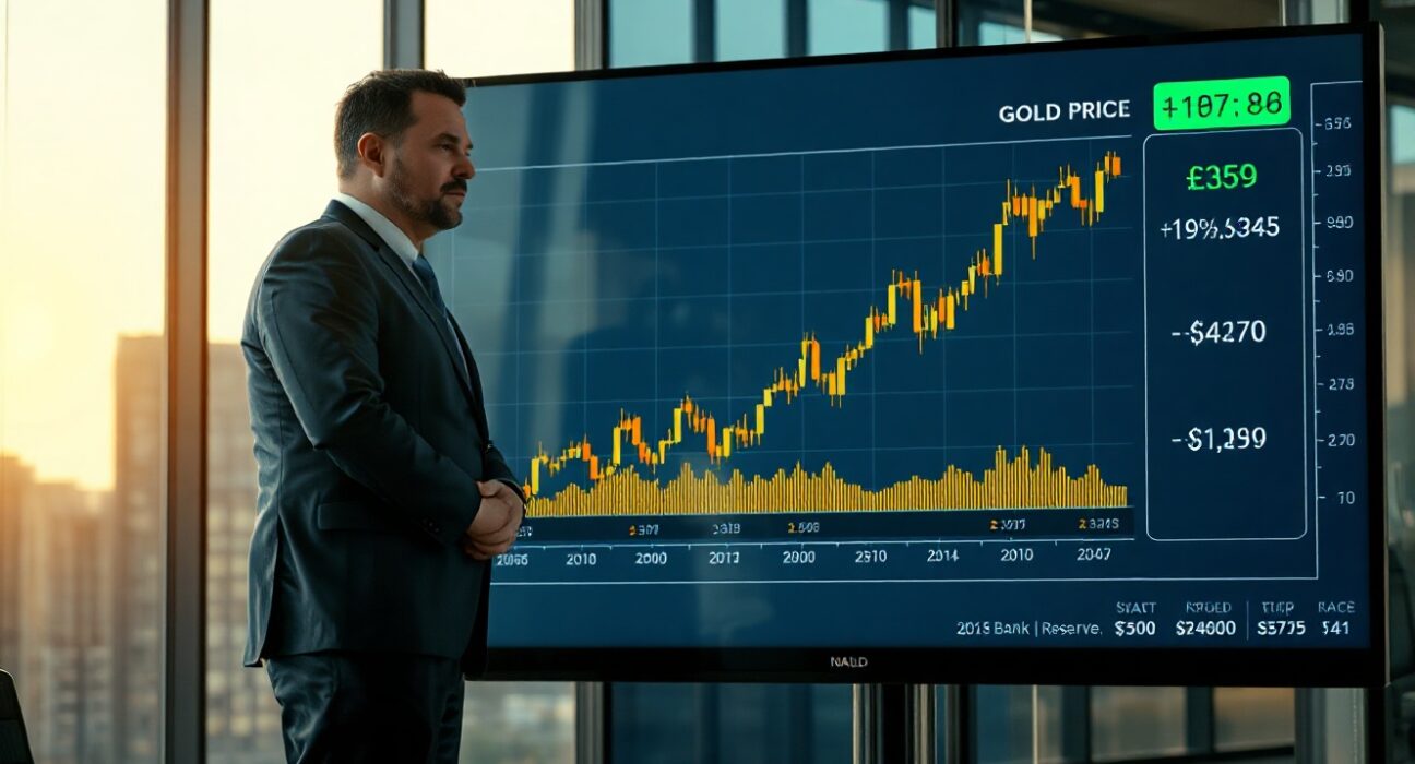 Financial analyst reviewing gold price chart and central bank data in modern office