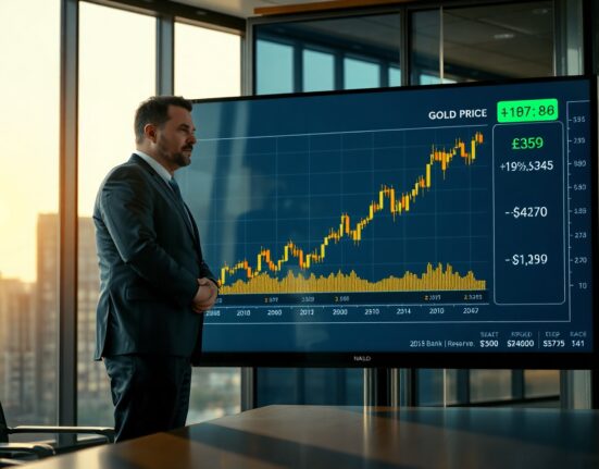 Financial analyst reviewing gold price chart and central bank data in modern office