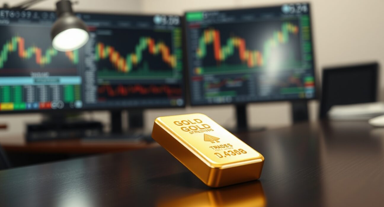 Gold bar on wooden desk with blurred financial charts in background