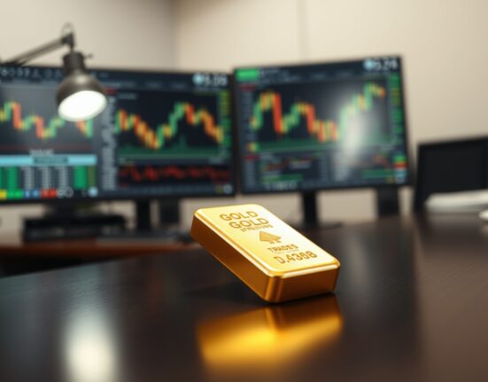 Gold bar on wooden desk with blurred financial charts in background