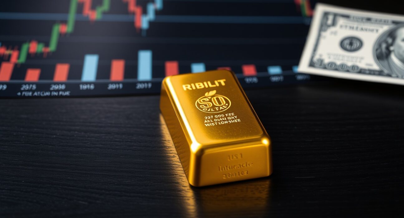 A gold bar on a dark surface with financial charts and a US dollar bill blurred in the background