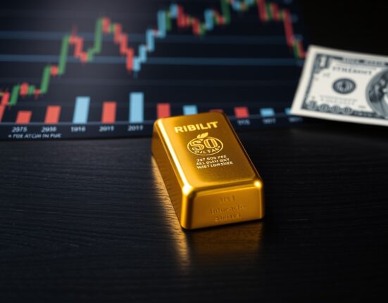 A gold bar on a dark surface with financial charts and a US dollar bill blurred in the background