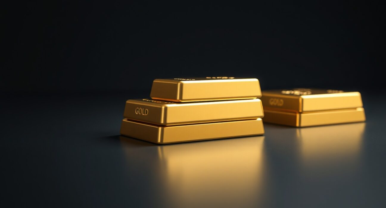 Stack of gold bars reflecting light on a dark surface representing precious metals market analysis
