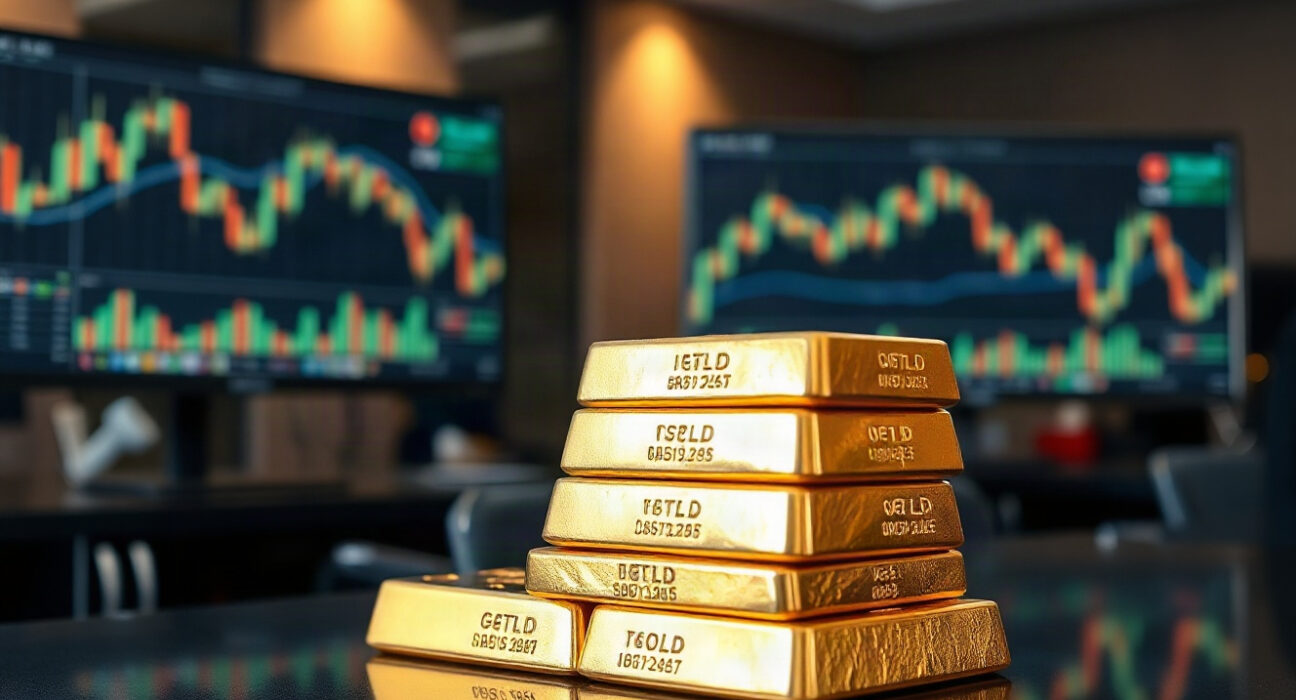 Gold bullion bars on a reflective surface with trading charts in the background