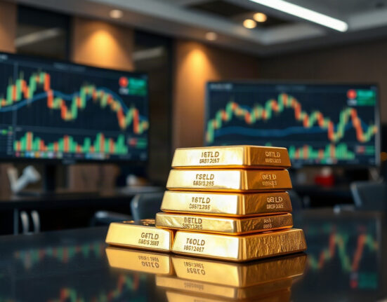 Gold bullion bars on a reflective surface with trading charts in the background