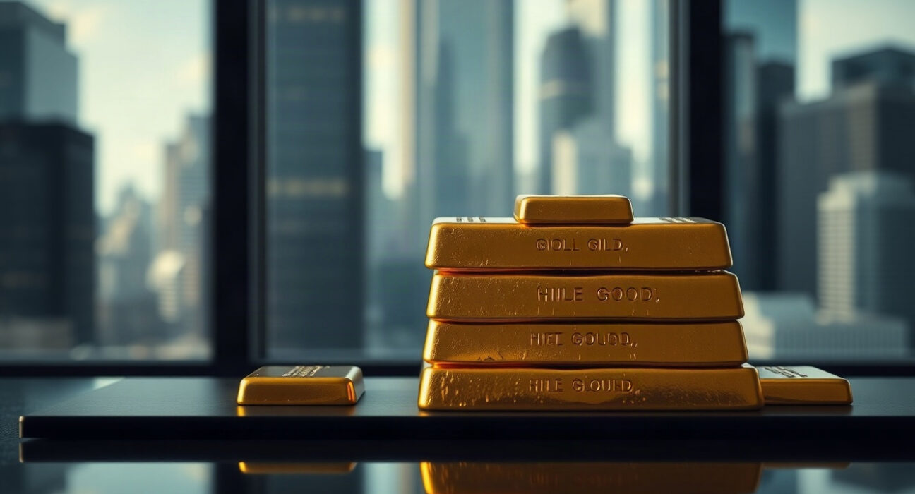 Gold bars stacked with financial district skyline in background, representing gold market outlook amid rate risks.