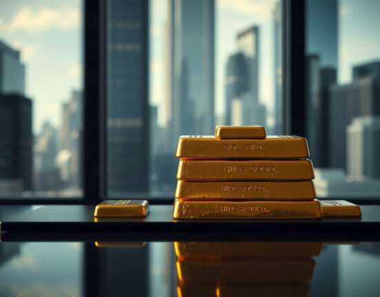 Gold bars stacked with financial district skyline in background, representing gold market outlook amid rate risks.