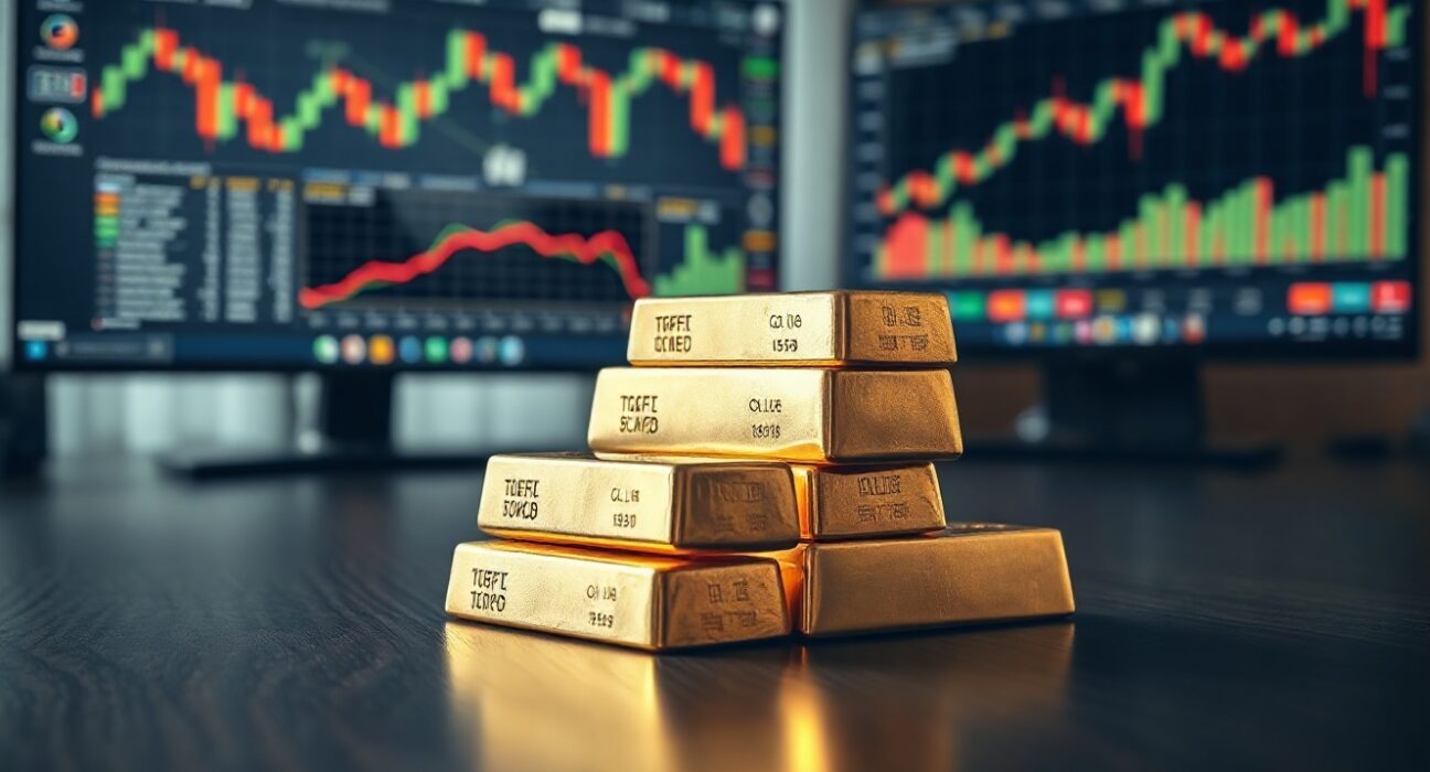 Gold bullion bars on a table with a trading chart in the background, symbolizing market movements.