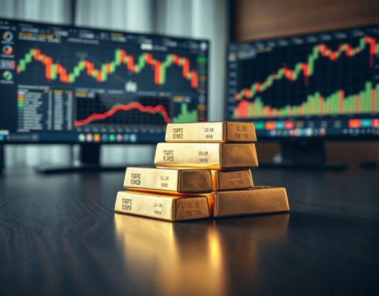 Gold bullion bars on a table with a trading chart in the background, symbolizing market movements.