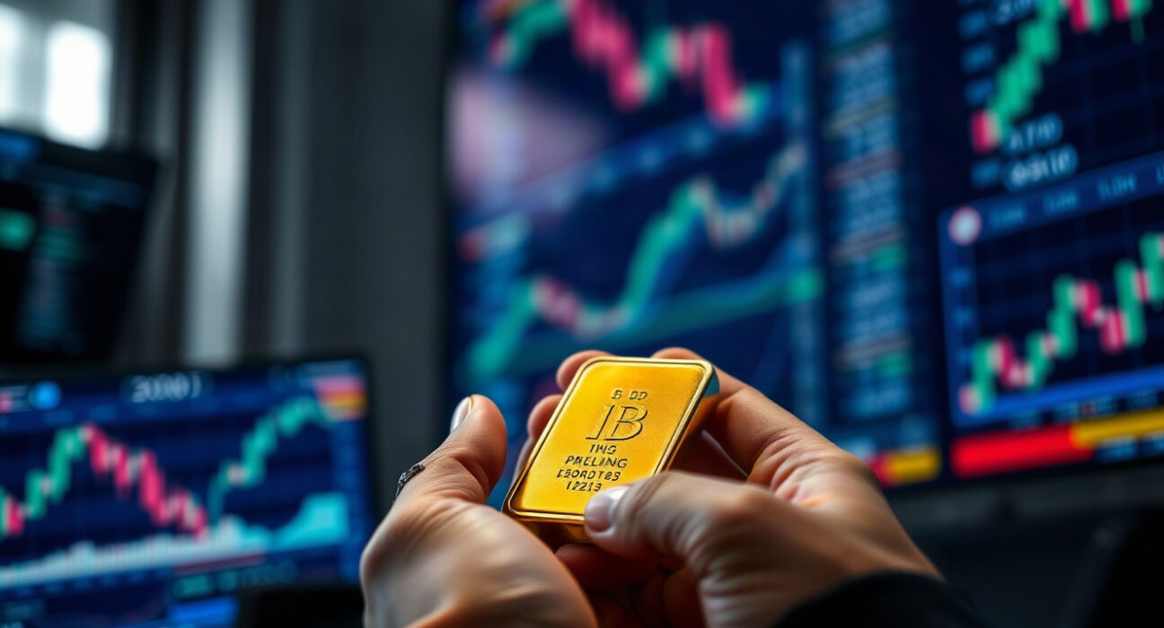Close-up of a gold bullion bar on a trading desk with market charts in background