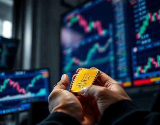 Close-up of a gold bullion bar on a trading desk with market charts in background