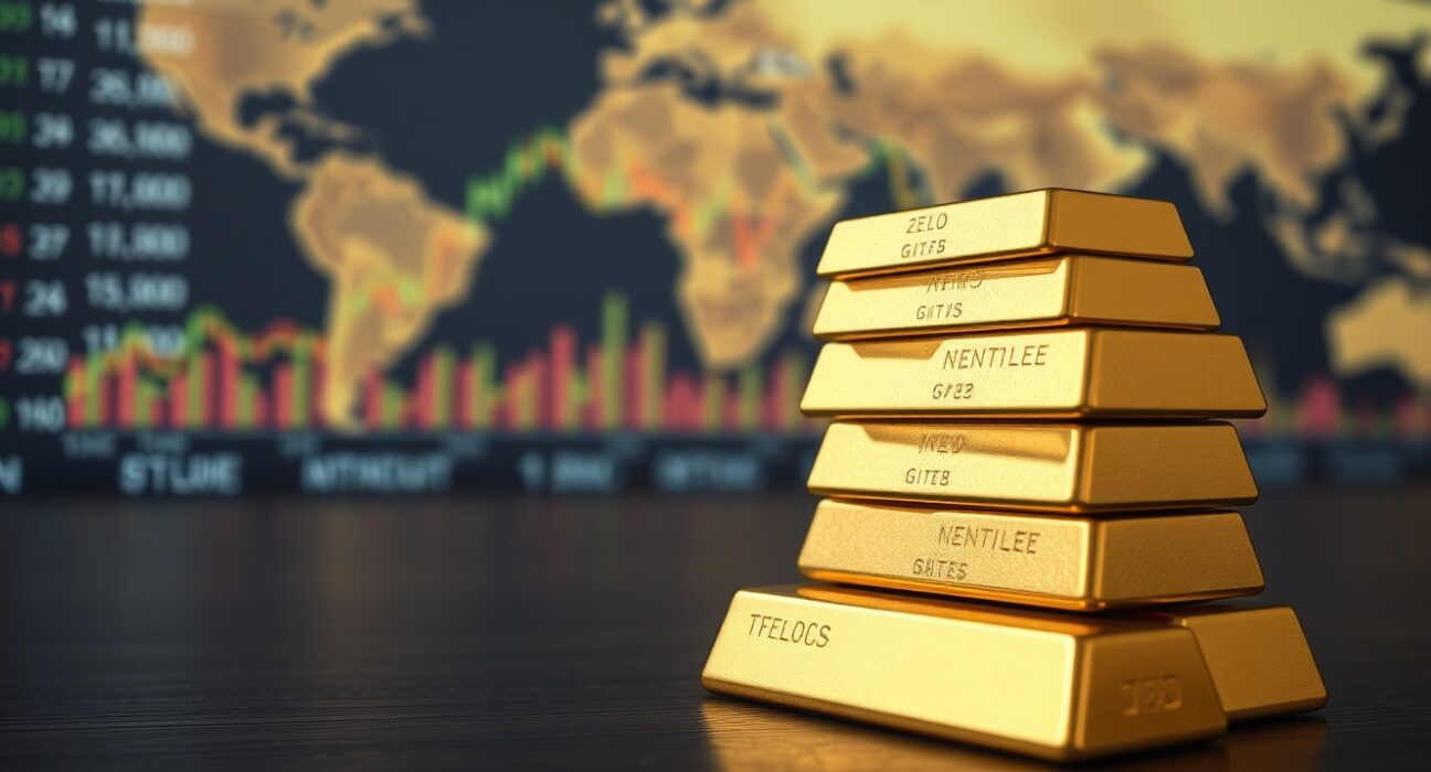 Gold bullion bars stacked with blurred financial charts in background