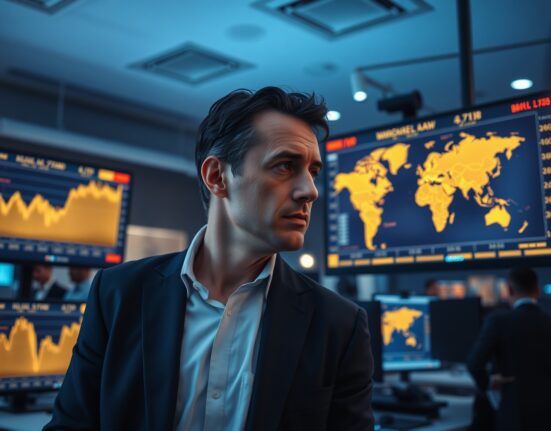 Trader monitoring gold price charts on multiple screens in a professional trading floor environment