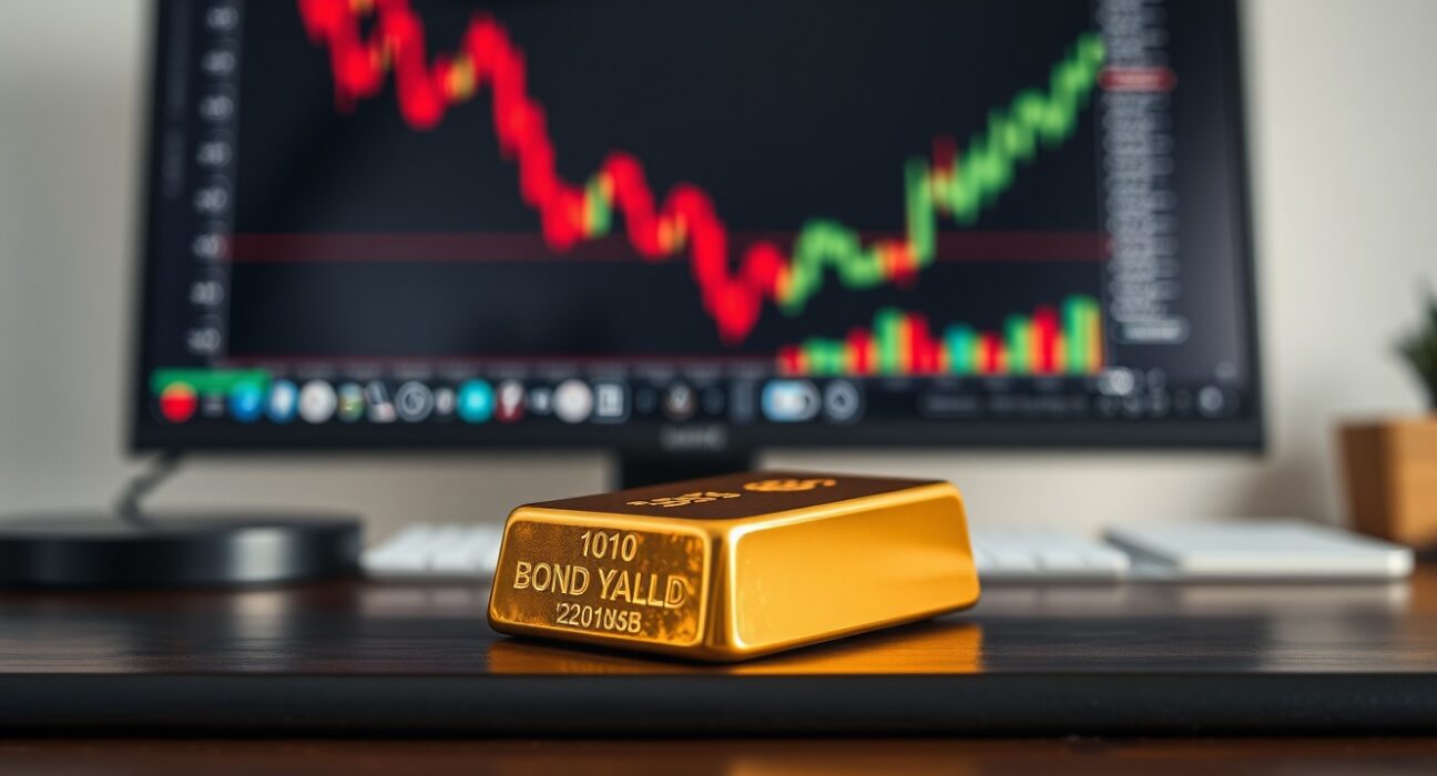Gold bar on a desk with a financial chart showing a downward trend in the background