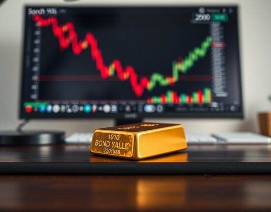 Gold bar on a desk with a financial chart showing a downward trend in the background