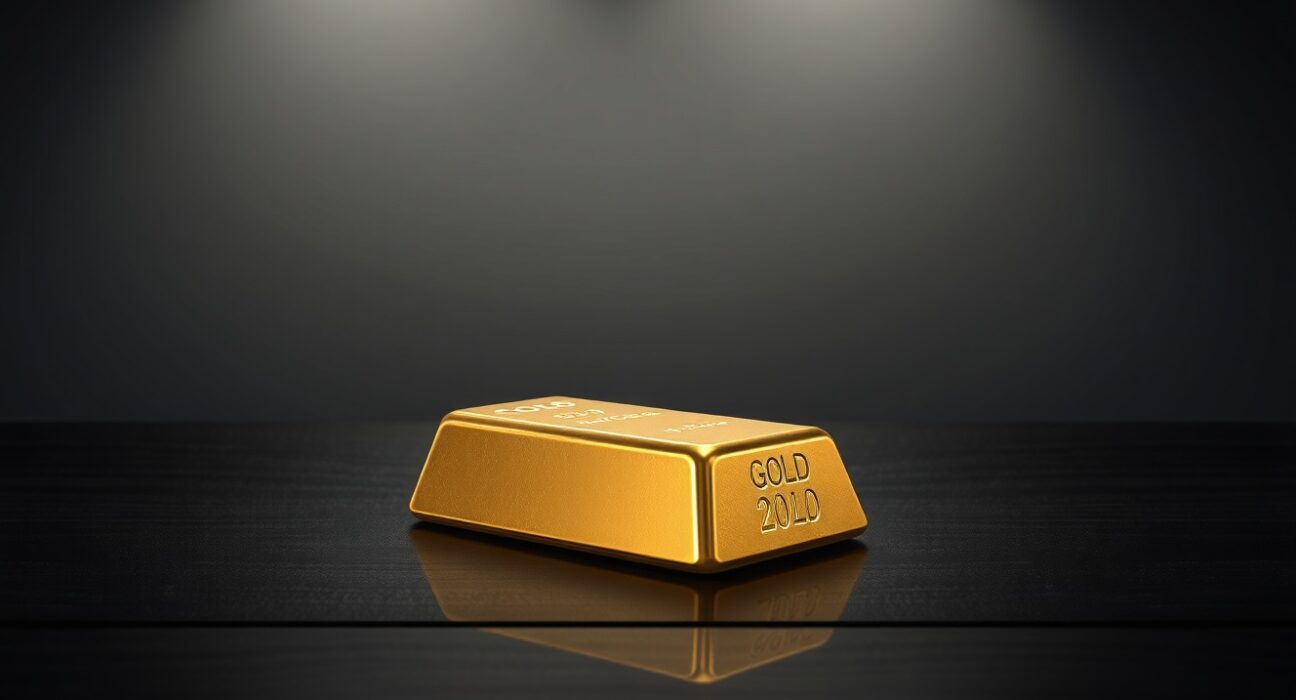 Gold bullion bar on dark surface, representing gold hitting a four-week low amid firmer US Dollar and oil-driven inflation pressures.