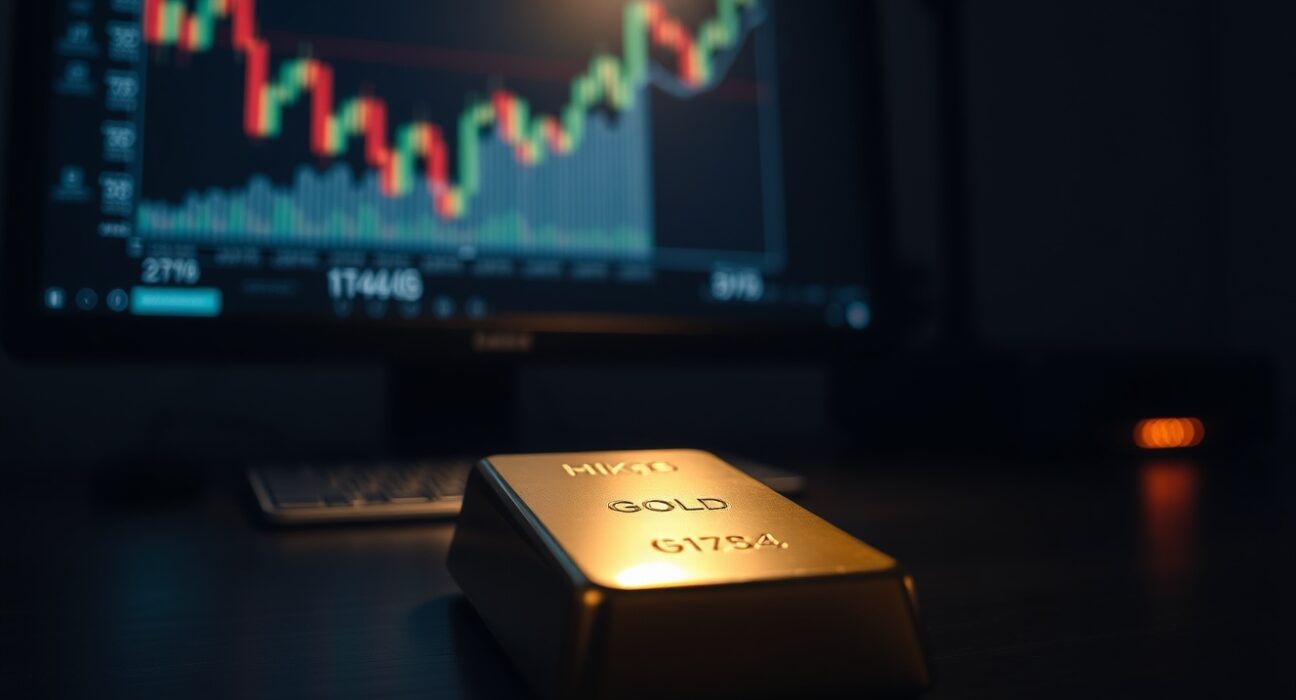 Gold bar on dark surface with blurred financial chart in background showing price decline
