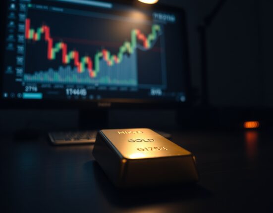 Gold bar on dark surface with blurred financial chart in background showing price decline