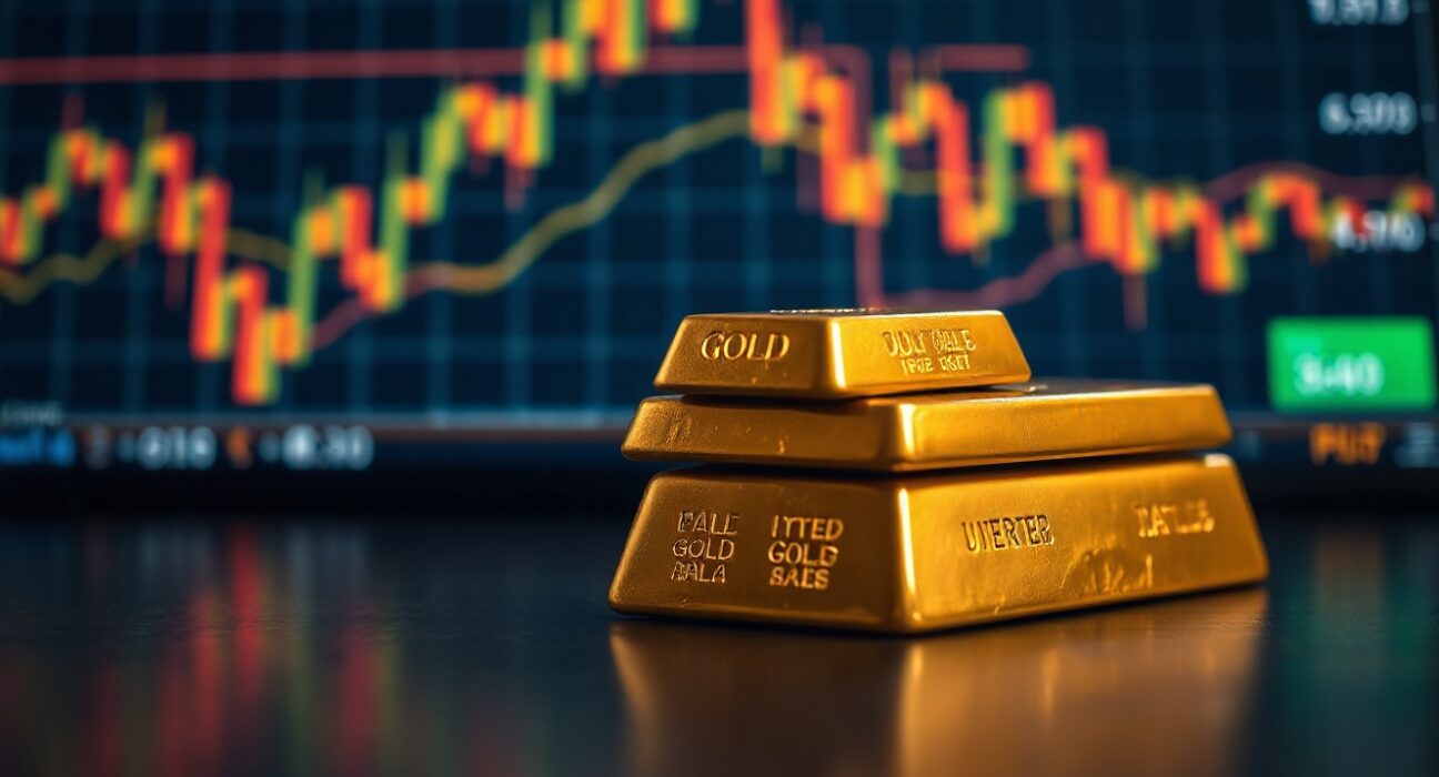 Gold bullion bars stacked on a dark surface, representing recent price gains.