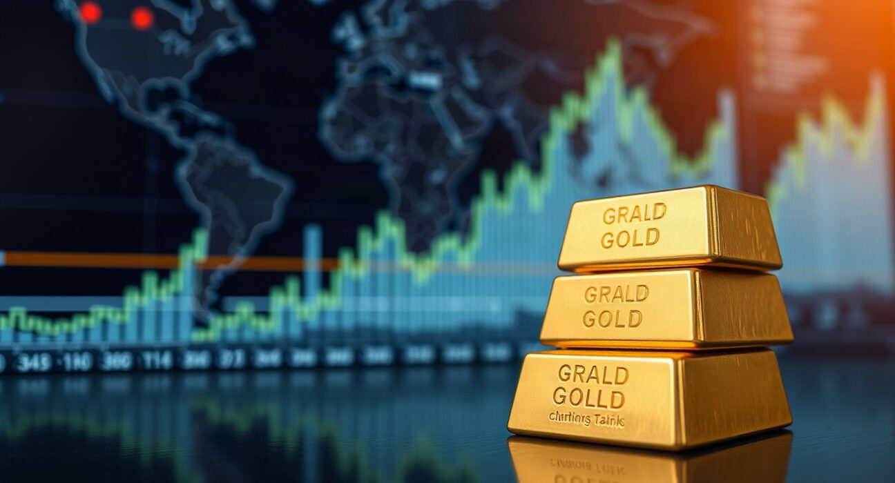 Gold bullion bars stacked, reflecting market uncertainty and safe-haven demand