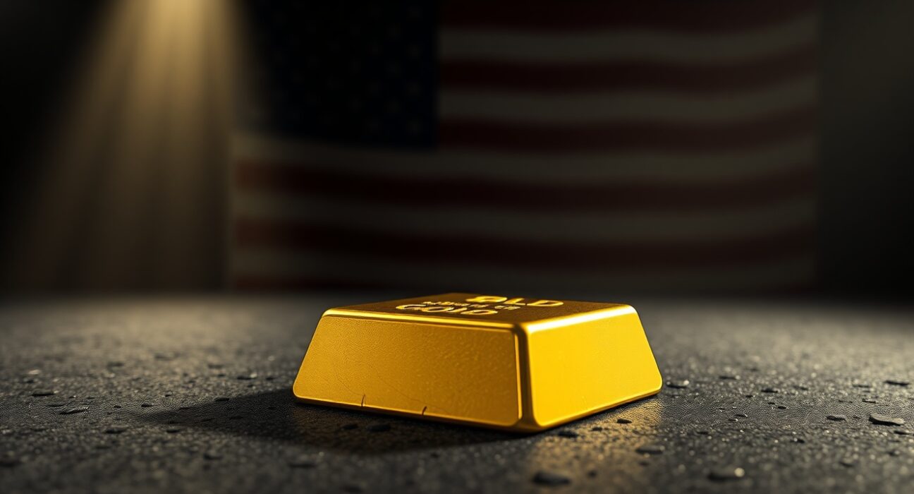 Gold bar on dark surface with American flag in background, representing gold price drop and USD strength from inflation fears and Iran risks.