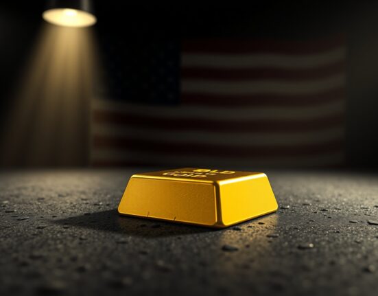 Gold bar on dark surface with American flag in background, representing gold price drop and USD strength from inflation fears and Iran risks.