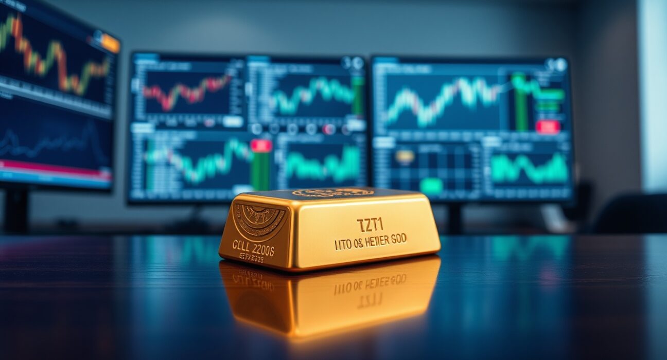 Gold bar on a trading desk with financial charts in the background, representing gold price analysis.